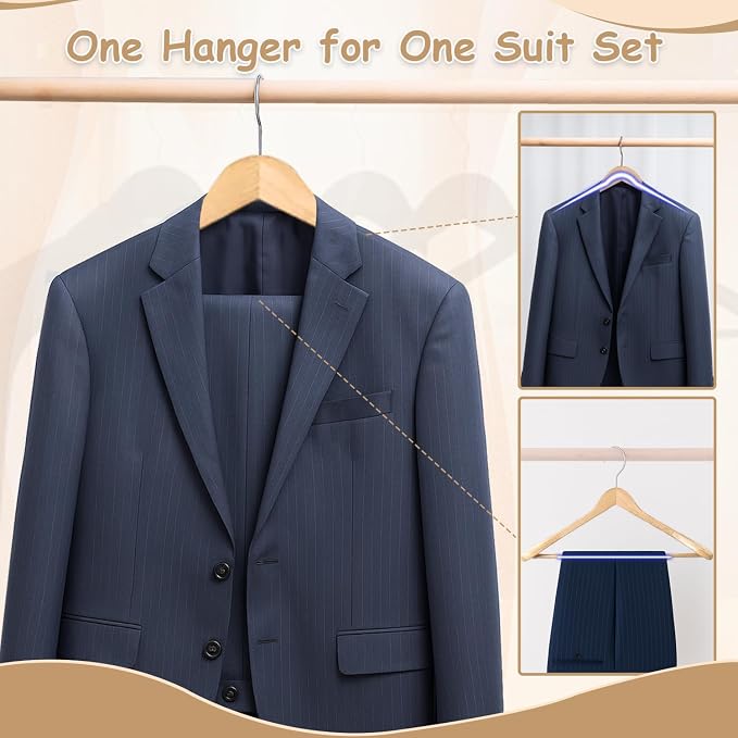 Urby 12pk 21 inch Wide Shoulder Wooden Hangers, Original Wood Color | For Plus Size Cloth, No Shoulder Bump Design, Non Slip Pants Bar, For XXL Suit, Jackets, Heavy Cloths, Easy-to-Install Hook - Image 6