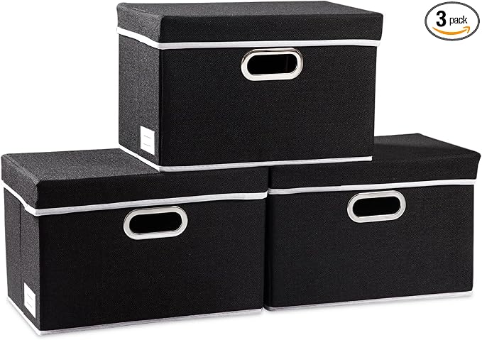 Foldable Storage Box with Lid [3-Pack] Fabric Collapsible Storage Bin Organizer Container Basket Cube with Cover for Home Bedroom Closet Office Nursery Black (14.9x9.8x9.8) by Prandom