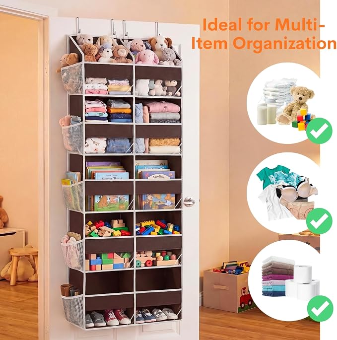 Over the Door Organizer 5 Tiers, Extra Large Behind Door Storage of 10 Compartments, 80 lbs Weight Capacity Over Door Organizer, Door Hanging Organizer for Closet, Diaper Organizer (Brown) - Image 5