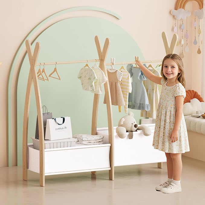 NACHES Small Kid Clothing Rack Wood Montessori Garment Rack for Toddler Baby Wardrobe Closet Compact Dress Up Storage Organizer Hanging Rod with Basket for Costume Princess Skirt Coat Bedroom Nursery - Image 2