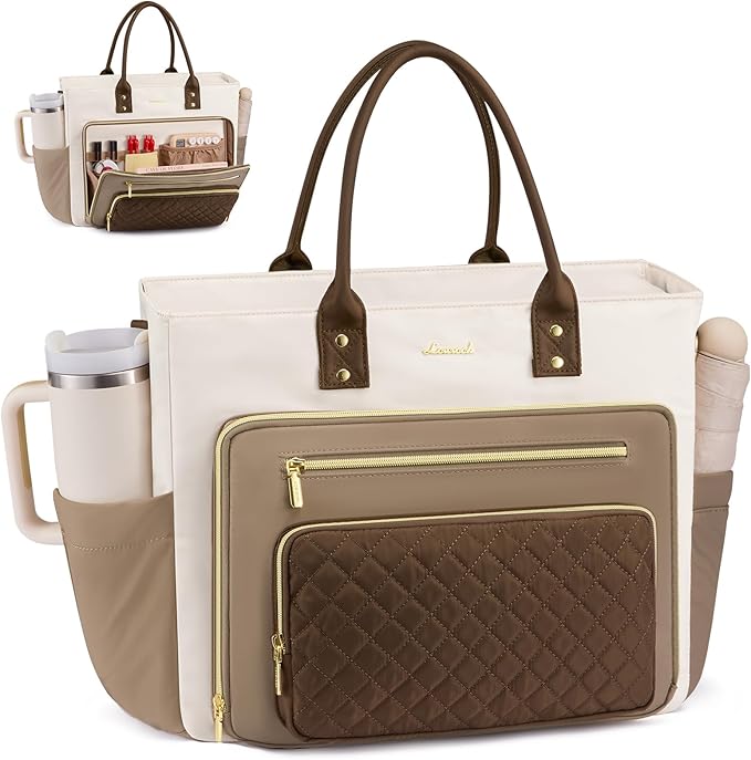 LOVEVOOK 17 Inch Laptop Tote Bag for Women, Teacher Nurse Work Bags, Laptop Bag With Large Cup Holder, Professional Briefcase Business Computer Purses Handbag Gifts,Khaki-Beige-Coffee by LOVEVOOK