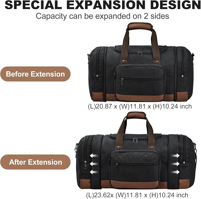 Litvyak 50L Canvas Duffle Bag for Travel Weekender Gym Overnight Carry-on | Expandable, Eco Certified, Leather Accents, Toiletry Bag Inclued, Travel Weekend Luggage Sports Duffel Bag for Women Men - Image 3