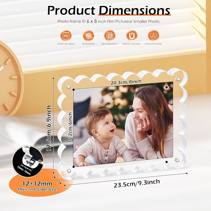 Chivalral 6x8 Scalloped Acrylic Photo Frame 3 Pack,12+12mm Desktop Holders | With magnetic frames,vertical & horizontal keepsakes for weddings,birthdays,Christmas and anniversary celebrations - Image 2