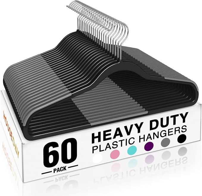 HOUSE DAY Non Slip Plastic Clothes Hangers 60 Pack with Rubber Pads, Black | Space-Saving 0.2-Inch Slim Design; Heavy-Duty and 360° Swivel Hooks Keep Shirts, Coats, Suit, Blouse and Pants Organized by HOUSEDAY