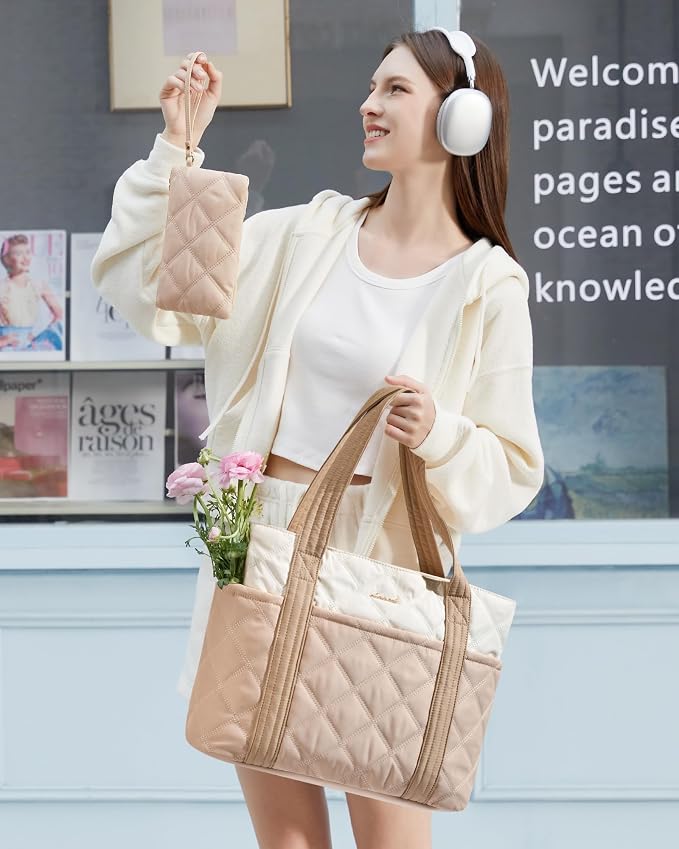 LOVEVOOK Puffer Tote Bag for Women, Puffy Work Handbag with Cup Holder, Travel Carry On Bag with Zipper for Teacher Nurse Gym - Image 3