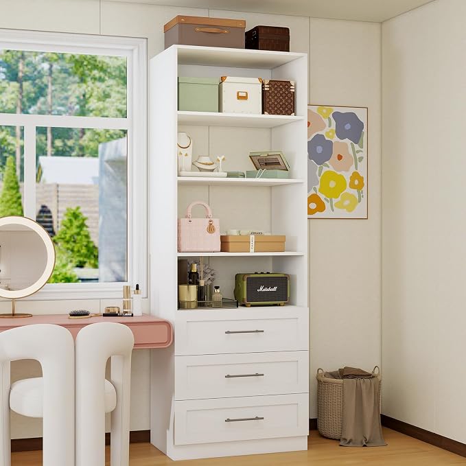 Closet System with 3 Drawers & 4 Shelves, Wood Closet Organizer System with 1 Extra Hanging Rod for Walk in Closet, Modular Closet Organizer System White(2FT) - Image 7