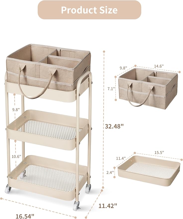 Baby Diaper Caddy, 3 Tier Rolling Cart for Baby Essentials, Taupe | Diaper Cart with Detachable Dividers, Nursery Storage & Bottle Organizer, Bedside Caddy for Bedroom and Living Room - Image 7