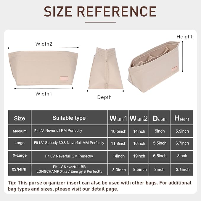 Felt Purse Organizer Insert with Zipper, Tote Bag Organizer with Base Shaper, Fits for lv Neverfull PM, City 30 and More,Lightweight Bag Dividers for Women Luxury Tote HandBags,M/Beige - Image 2