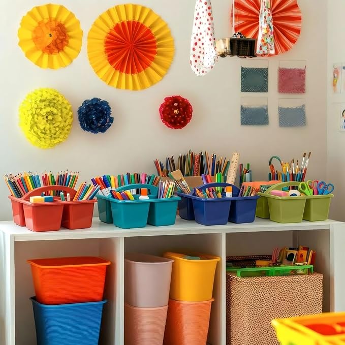 Kathfly 8 Pack Classroom Caddy Organizer with Handle, Plastic Art Craft Cleaning Caddy Bulk, Small Multipurpose Supply Organization Storage Basket for Table Desk Office Pencil Teacher (Deep Color) - Image 3