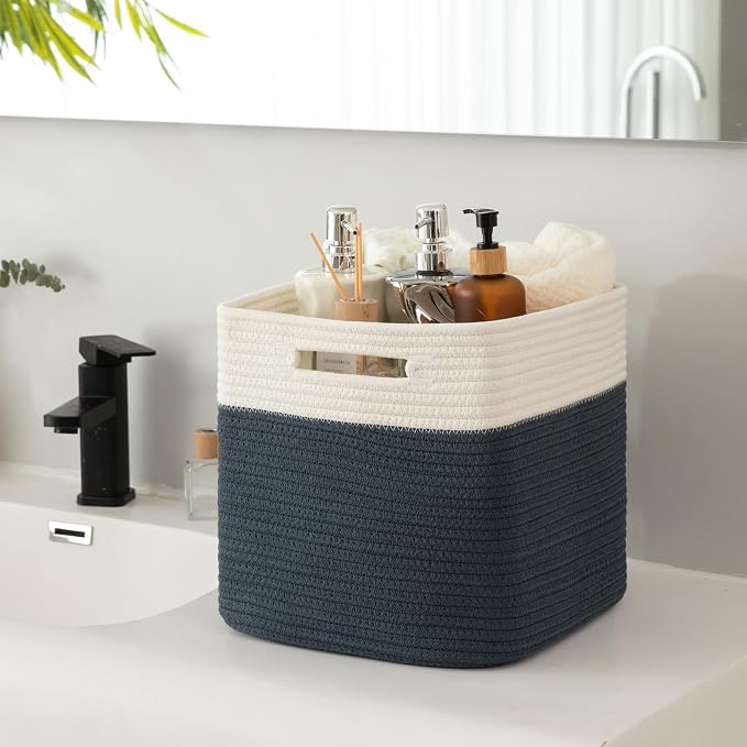 OIAHOMY Cube Storage Basket, 3-Pack Woven Cotton Rope Baskets for Storage, 11-Inch Cube Basket with Handles, Great for Shelves, Closets, Children's Toy Storage and Organization-White & Blue - Image 5