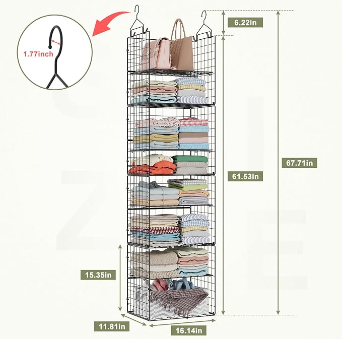 Hanging Closet Organizer and Storage - 8 Tier Closet Hanging Organizer Shelves, Metal & Foldable Hanging Storage Organizer Baskets with Adjustable Dividers for Clothing Sweaters Shoes Handbags - Image 2