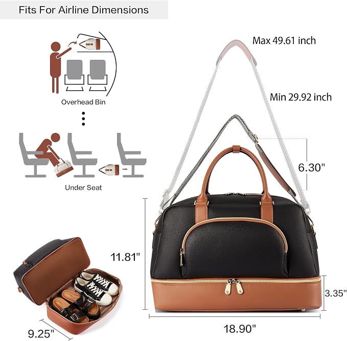 BOSTANTEN Weekender Bags for Women Travel Leather Overnight Bags | Shoe Compartment, Trolley Sleeve, Fits Under-seat, Airline-Friendly Carry-on Size, Designer, Weekend Getaways, Business Trip - Image 2