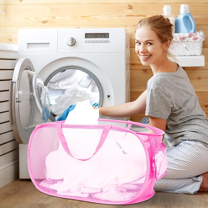Durable Collapsible Laundry Baskets, Mesh Pop Up Laundry Hamper with Side Pocket, Foldable Clothes Storage Hamper with Reinforced Carry Handles for Laundry, Bathroom, Kids Room, Dorm or Travel Pink - Image 2
