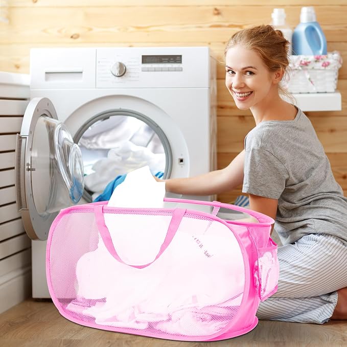 Durable Collapsible Laundry Baskets, Mesh Pop Up Laundry Hamper with Side Pocket, Foldable Clothes Hamper with Reinforced Carry Handles for Laundry, Bathroom, Kids Room, Dorm or Travel 2 Pack Pink - Image 2