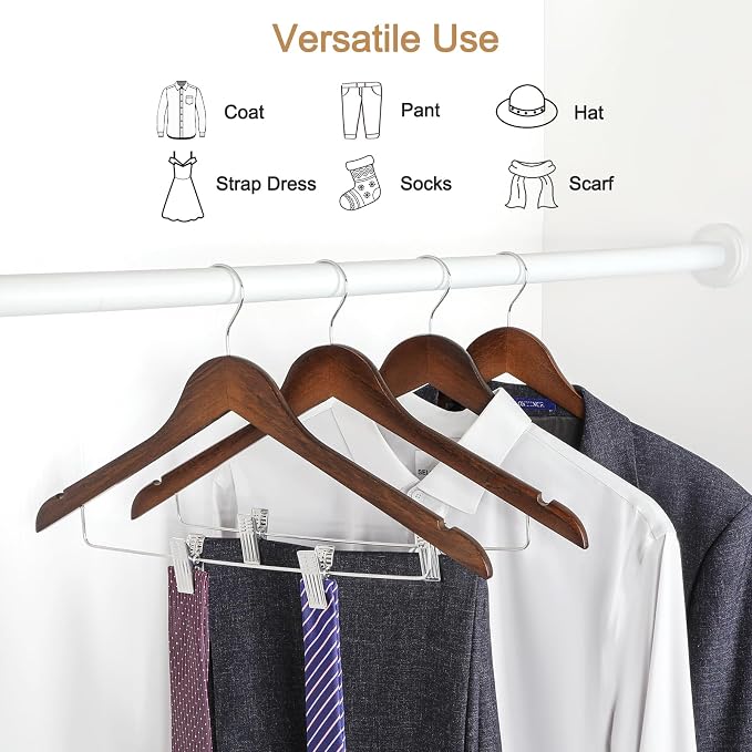 TOPIA HANGER Wooden Suit Hangers with Adjustable Metal Clips (20 Pack), Solid Wood Clothes Hangers, 360° Swivel Hook, Premium Retro Finish Pants Hangers for Clothes Coat, Jeans, Blouse-CT28A20 - Image 5