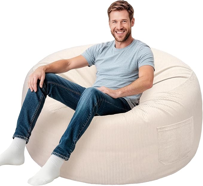 Lukeight Bean Bag Chair for Teens and Adults, Memory Foam Filled Floor Lounger, Washable Velvet Cover with Inner Liner, Beanbag Chair with Filling for Gaming and Reading, Beige, XXX-Large 42"D x 23"H by Lukeight
