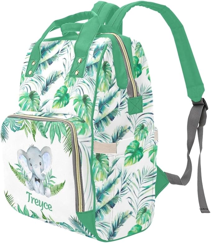 Custom Diaper Bag with Name Personalized Elephant Leaf Nylon Travel Backpack for Holiday Travel Customized Nappy Changing Bag with Pockets for New Mom - Image 2