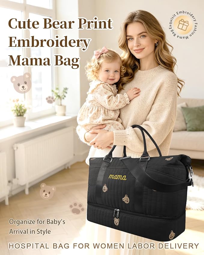 Mama Maternity Hospital Bag Essentials for Women Labor Delivery Baby Diaper Organizer with Shoe Compartment & Toiletry Pouch Travel Duffle Bag for Pregnancy Mommy Weekender Overnight Gifts,Black Bear - Image 2