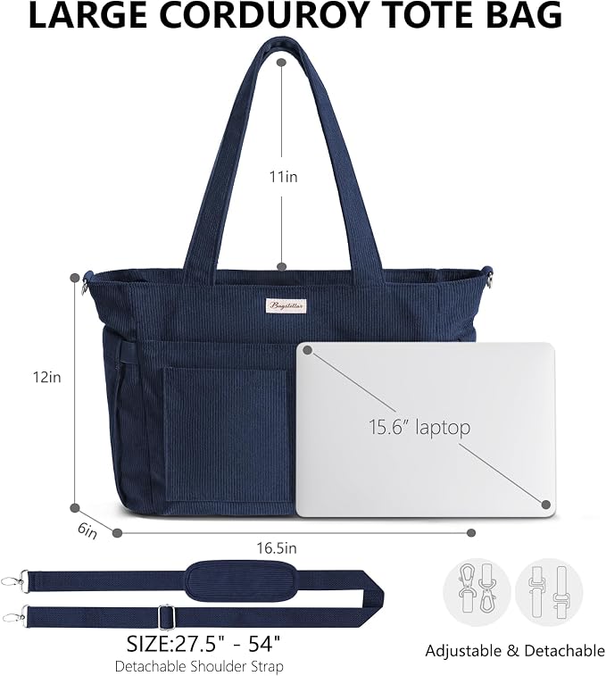 Bagstellar Corduroy Tote Bag for Women, 17 Pockets Laptop Work Tote Purse | Large 15.6” Computer Bag w/ 40oz Cup Holder & Strap, Zipper Teacher Nurse Bible Shoulder Bag for School Travel College Office - Image 2