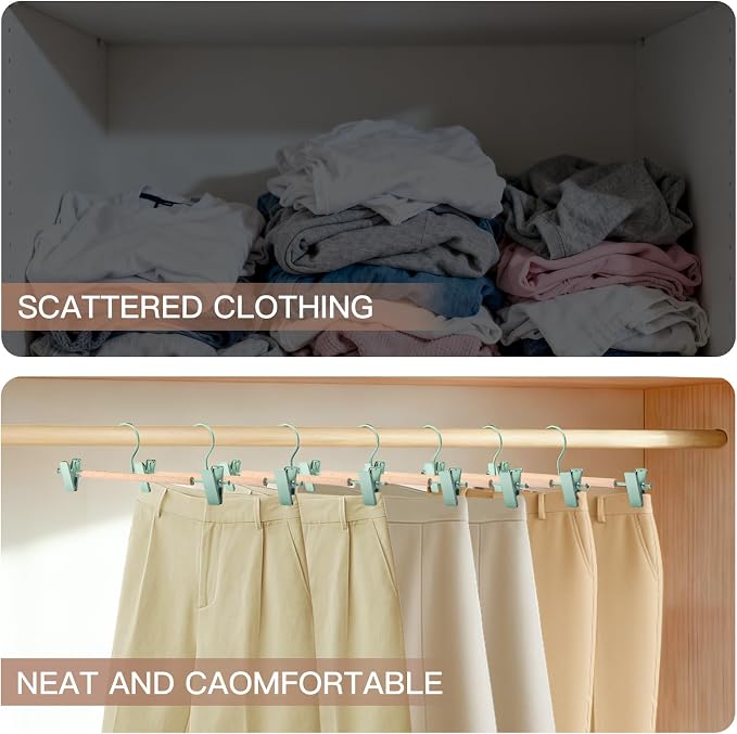 Wooden Pants Hangers with Clips 24 Pack, Heavy Duty Adjustable Clip Non Slip Skirt Hanger for Jeans, Trousers, Short, Clothes, Space Saving Closet Organizer (Green, 24 Pack) - Image 3