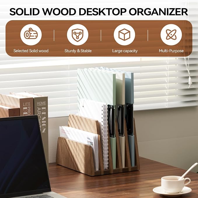 KIRIGEN Wooden Mail Organizer, 5-Slot File Holder for Desk, Brown 5K-DBR | Five Upright Compartments Sort Mail, Bills, Folders, Papers, Notebooks, and Envelopes; 9.84 x 7.48 x 7.08 In, No Assembly - Image 2