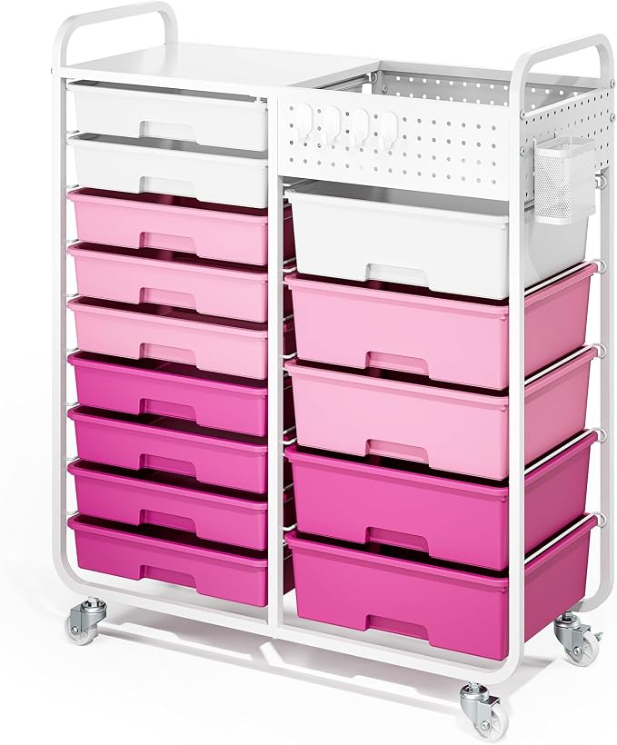 14 Drawer Rolling Storage Cart with Tabletop and Pegboard for Crafts Pink | Easy Setup, Large Capacity, Sturdy Build, Smooth Mobility, For classroom, office and dorm supplies by APEXCHASER