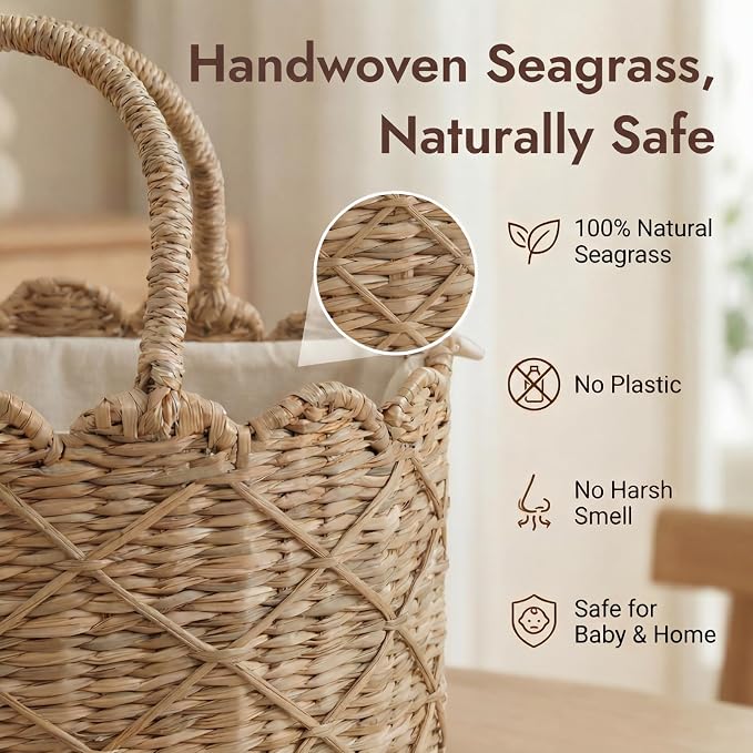 YANGQIHOME Diaper Caddy Organizer, Seagrass Nursery Baby Basket for Baby Essentials, Scalloped Wicker Diaper Caddy, Baby Shower Gifts (Diamond) - Image 4