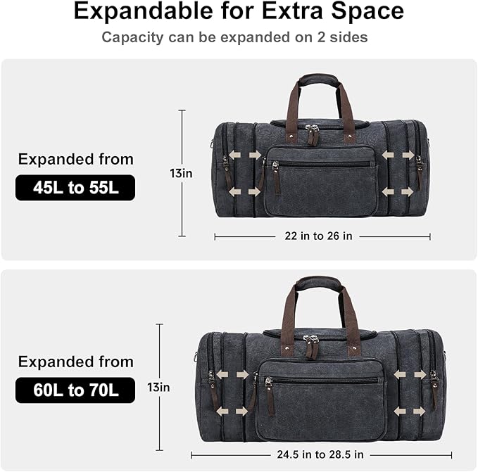 EKOROMIER Large Canvas Duffle Bag for Travel, Expandable 70L Weekender bags | Features Luggage Trolley Sleeve, Multi-Pockets for Traveling, Durable Overnight Carry-On Bag for Men & Women - Dark Grey - Image 4
