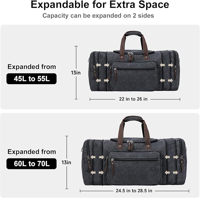 EKOROMIER Large Canvas Duffle Bag for Travel, Expandable 55L Weekender bags | Features Luggage Trolley Sleeve, Multi-Pockets for Traveling, Overnight Airplane Carry-On Bag for Men & Women - Dark Grey - Image 5
