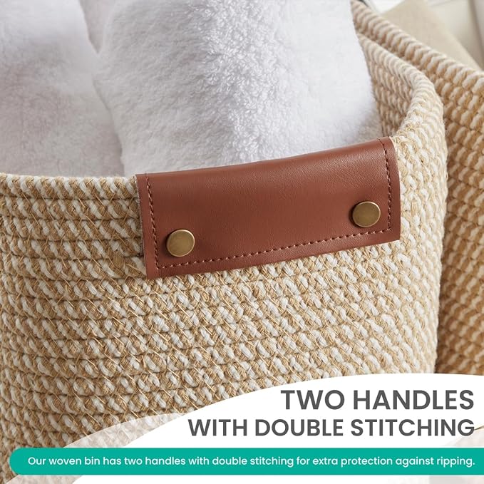 3 Pack Woven Cotton Rope Storage Basket, 15x10x9, Multi-Brown | Faux Leather Handles; Decorative Closet Shelf Organizer; Ideal for Storage & Organization - Image 4