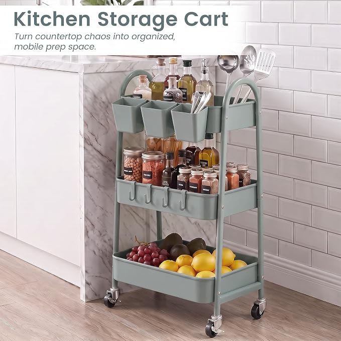 danpinera 3-Tier Rolling Cart, Utility Cart Mobile Metal Rolling Storage Cart with Lockable Wheels & Hanging Cups & Hooks for Kitchen, Bathroom, Office, Workshop, Gray Blue - Image 6