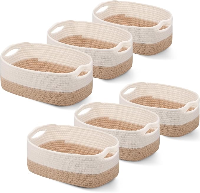 Sawysine 6 Pcs Storage Baskets Bulk for Organizing Cotton Rope Woven Basket with Handles for Gift Cloth Shelves Blanket Toys Living Room(Khaki and White) by Sawysine