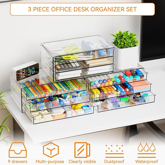 11.1 Inch Long Clear Drawer Organizers Stackable,3 Pack Small Acrylic Drawers,School,Office Supplies Organizer And Storage Bins for Stationery,Marker,Pen,Pencil,Craft Desktop Storage Drawers - Image 4