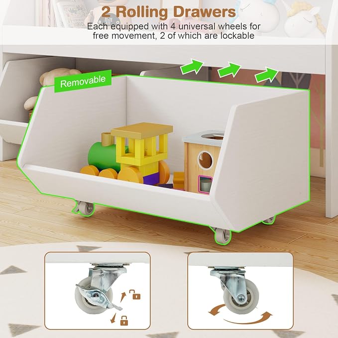 Costzon Toy Storage Organizer for Kids, Toy Cabinet w/ 2 Rolling Drawers, Lockable Wheels, Open Shelf & Anti-toppling Kit, Toddler Toy Shelf for Playroom, Kids’ Room, Nursery, Daycare (White) - Image 4