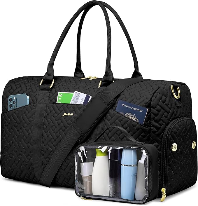 Women Weekender Travel Duffle Bag: Travel Duffel Overnight Bags with Shoe Compartment Large Carry on Tote with Toiletry Bag Weekend Traveling Yoga Gym Hospital Bag for Women with Wet Pocket Black by FOCDOD