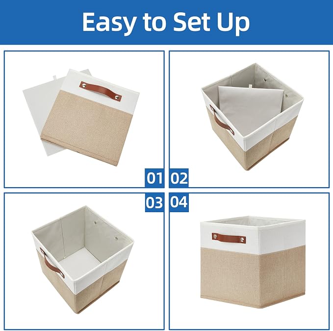 Temary Fabric Storage Cubes Bins, 11 inch Cube Storage Baskets, Foldable Cube Bins Set with Handles, Decorative Storage Boxes for Home Organizing (White & Khaki, 11 x 11 x 11) - Image 7