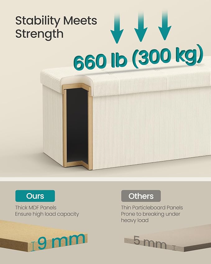 SONGMICS MAZIE Collection - Storage Ottoman Bench, Foldable Foot Rest, 15 x 43 x 15 Inches, End of Bed Bench, Storage Chest, Load 660 lb, Living Room, Bedroom, Entryway, Cream White ULSF604W01 - Image 5