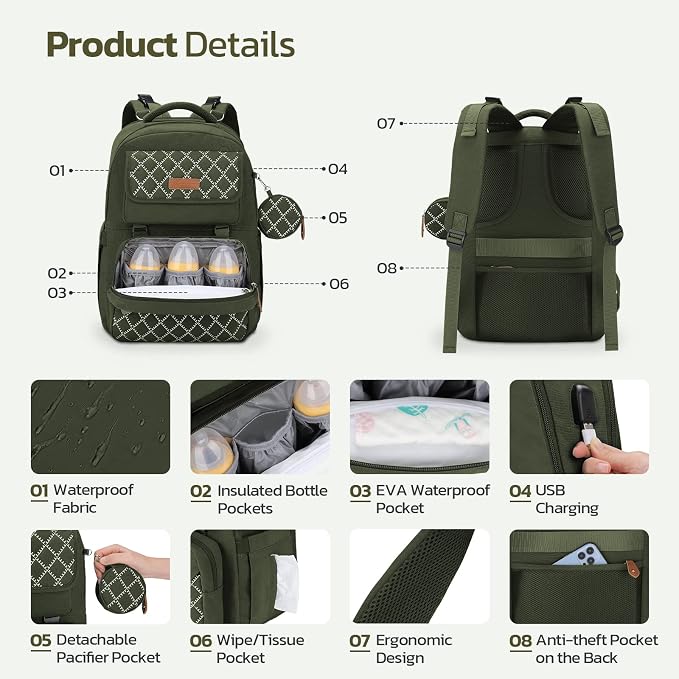 Large Diaper Bag,29L-45L Expandable Diaper Bag Backpack for 2 Kids/Twins Baby Stuff, with Removable Cross Body Bottle Bag for Mom/Dad,Stylish Baby Bag Gift for Boys/Girl-Army Green - Image 5