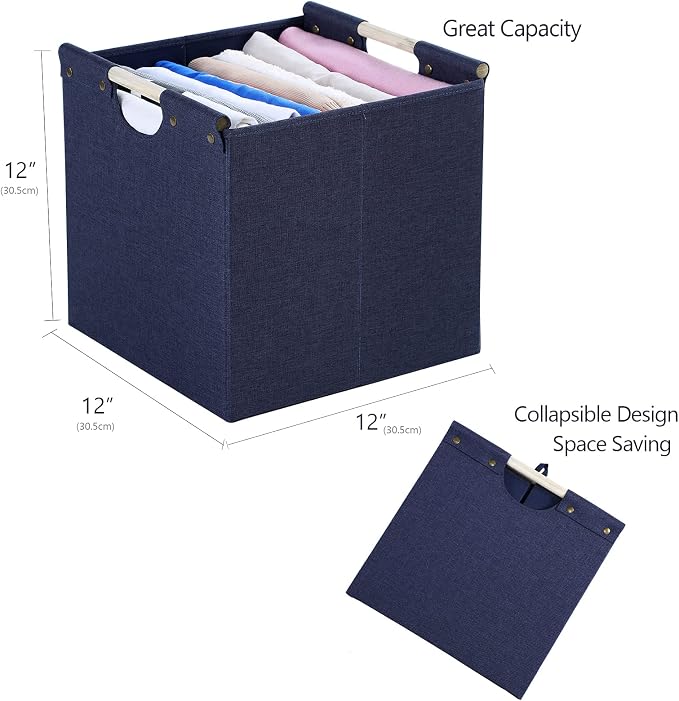 HOONEX Collapsible Storage Bins, 12x12x12in Storage Cubes Linen Fabric, 3 Pack, Storage Baskets with Wooden Carry Handles and Sturdy Heavy Cardboard, for Home, Office, Car, Nursery, Blue - Image 6
