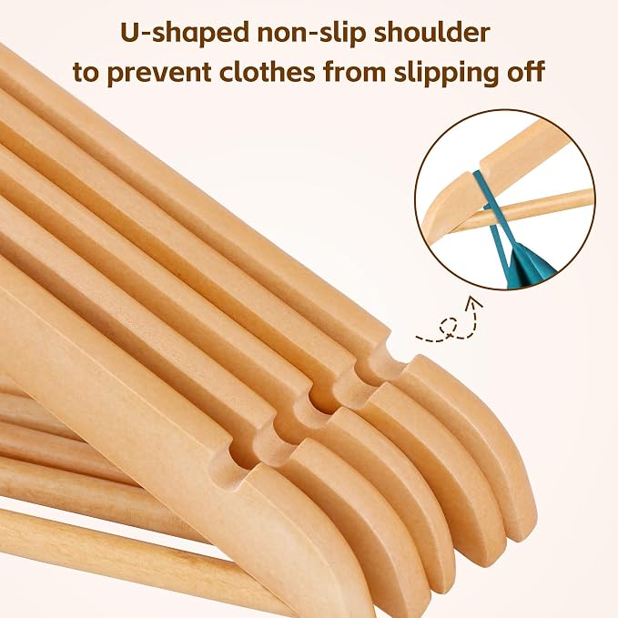 JupiterForce Wooden Clothes Hangers 50 Pack, Non-Slip Wood Hangers with 360° Swivel Hook & Shoulder Grooves, Coat Hanger for Suits, Coats, Shirts, Pants, Jackets and Dress(Natural) - Image 6