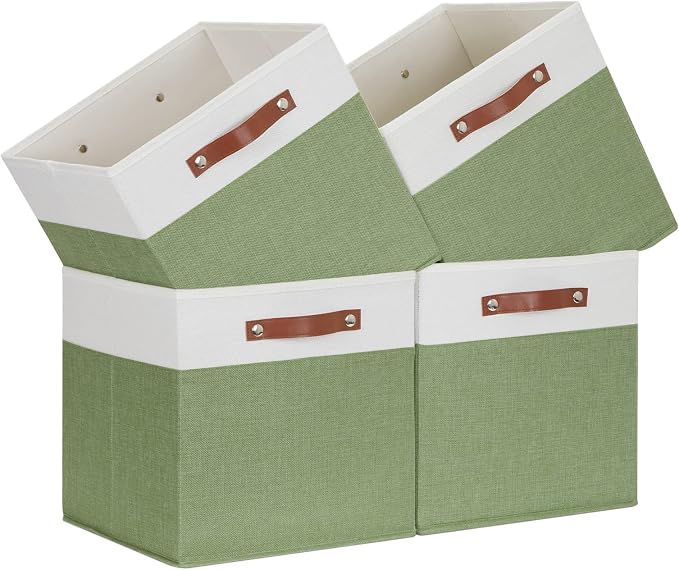 Temary 13 Inch Cube Storage Bin 4 Pack Fabric Storage Cubes Fabric Storage Bin for Shelf, Cube Storage Basket with Leather Handles(White&Green) by TEMARY