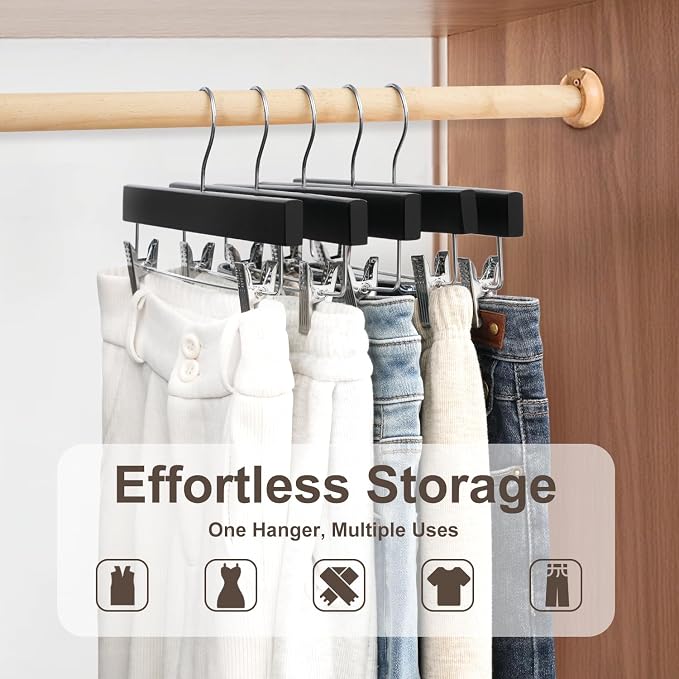 BAGAIL 10 Pack Wooden Pants Hangers with Adjustable Clips, 360°Swivel Hook Space Saving Skirt Holders with Anti-Rust Clips for Trousers, Jeans, Shorts (Black) - Image 5