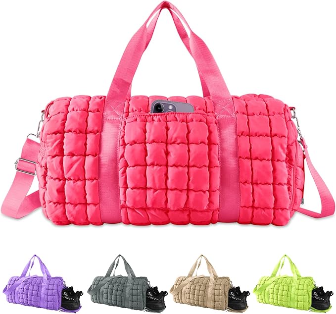Quilted Travel Duffle Bag Gym Bag for Women,Large Puffer Duffle Weekender Bag with Compartment,Workout Overnight Carry on Organizer Bag Duffle Bag for Airplane Travel(Rosered) by XSUIOY