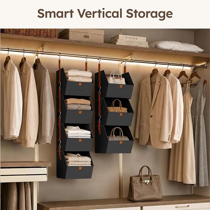 Hanging Closet Organizer 4 Tier - Clothes Hanging Shelves, Space-Saving Closet System, Fabric Storage Bins Bedroom Organization, Collapsible Baskets for Home, Dorm, Rv, Black - Image 4