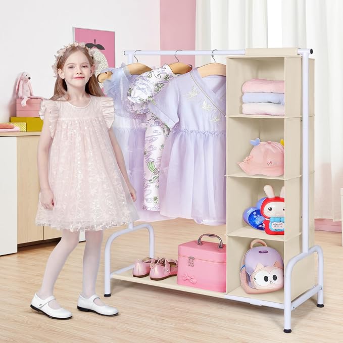 Univivi Kids Clothing Rack with Hanging Organizer, 43 Inch, Beige and White | Toddler Dress Up Storage with Bottom Shelf, Sturdy Metal Baby Closet, Toddler Wardrobe Rack for Nursery, Playroom, Bedroom - Image 2