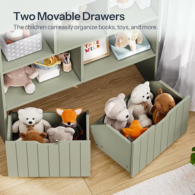 HOOBRO Toy Storage Organizer, Toy Organizers and Storage with 2 Movable Drawers and 5 Cubbies, Toy Chest Shelf for Books or Dolls, Kids Bookshelf and Toy Storage for Playroom, Green GN88CW01 - Image 6