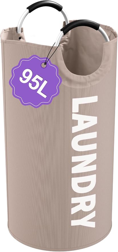 95L Folding Laundry Basket for Singles, Large Laundry Hamper with Aluminum Handles, Freestanding Dirty Clothes Basket, Sturdy Oxford Fabric Clothes Hampers for Travel, Dormitory, Khaki by IHOMAGIC