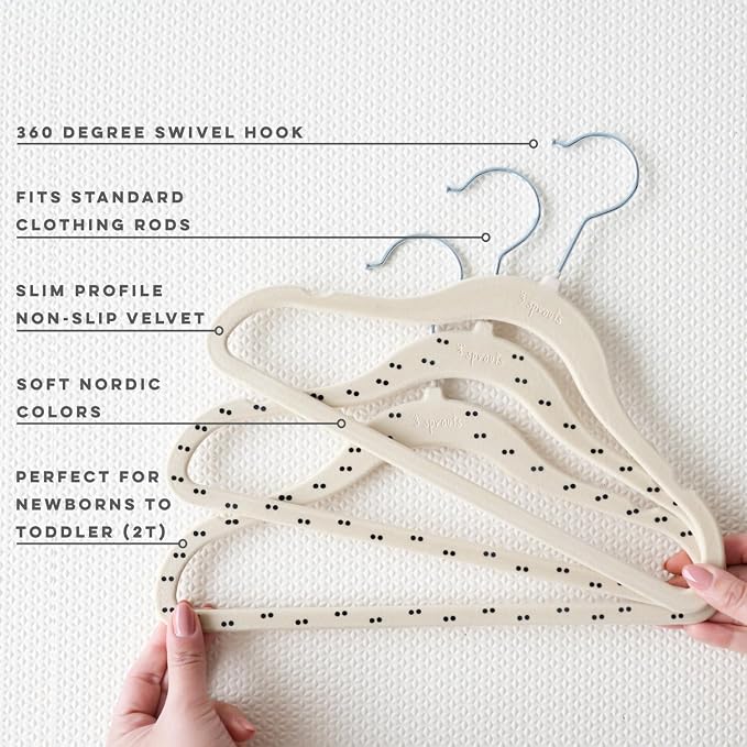 3 Sprouts Velvet Baby Hangers, Non Slip Slim, Double Dot Beige, 30 Pack | Non-slip velvet, Notched shoulders, 360-degree swivel hook, 11.75 x 8 in, Infant and toddler clothes, Soft colors for nursery - Image 3
