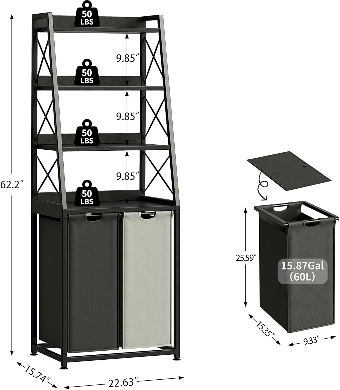 Herture Laundry Basket, 2 Section Laundry Hamper with 4 Tiers Shelf, Pull-Out and Removable Laundry Bags, Large 2 x 15.87 Gallons, for Bedroom Bathroom Black PF11XLK - Image 3