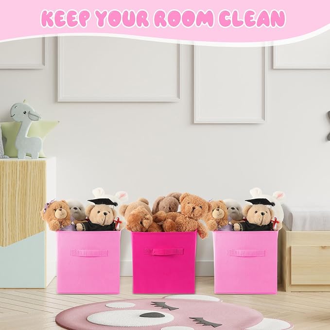 Yinder 12 Pcs Cube Storage Bin Pink 10.5''x10.5''x11'' Storage Bins for Playroom Decor Colorful Bins for Kids Foldable Baskets for Nursery Organizer Boxes Fabric Boxes - Image 5
